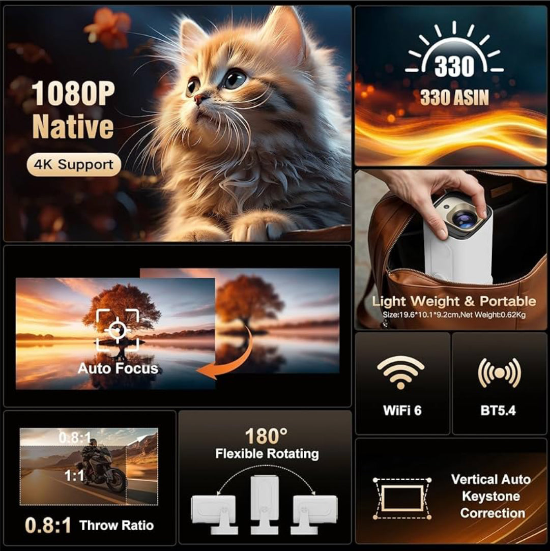 Vaitur™ Next Gen Ultra Pro Smart Mini Projector | 330 ANSI, Android 11, Wifi6